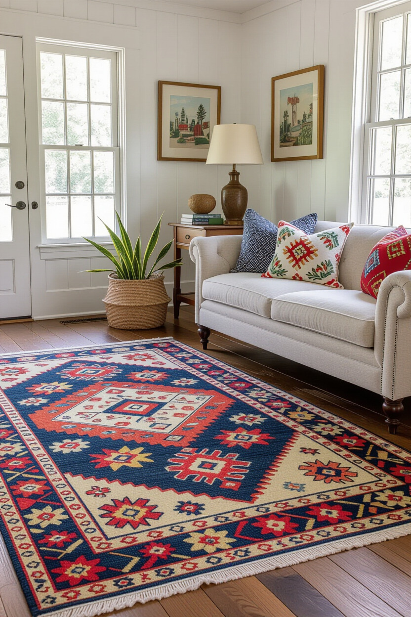 Colorful vintage rug in a cottage-style room
