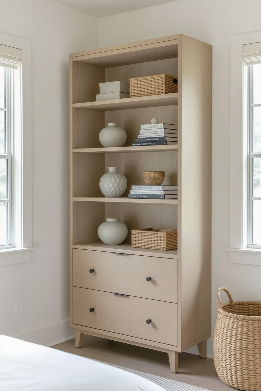 Contemporary open-shelf almirah with decorative items