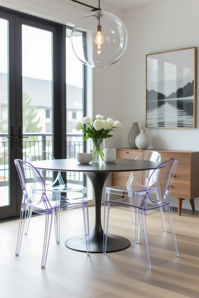 Sleek acrylic dining chairs enhancing a modern table