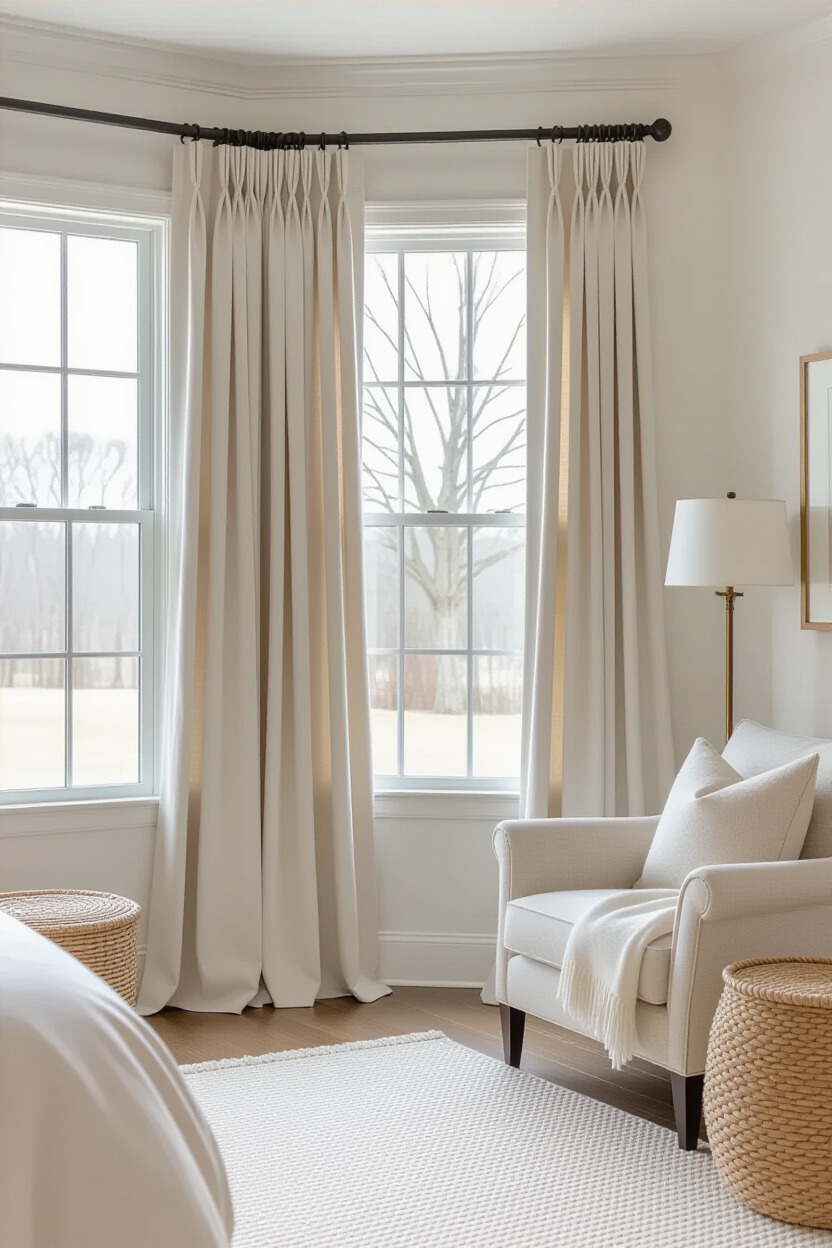 Custom drapes framing a window in a stylish bedroom