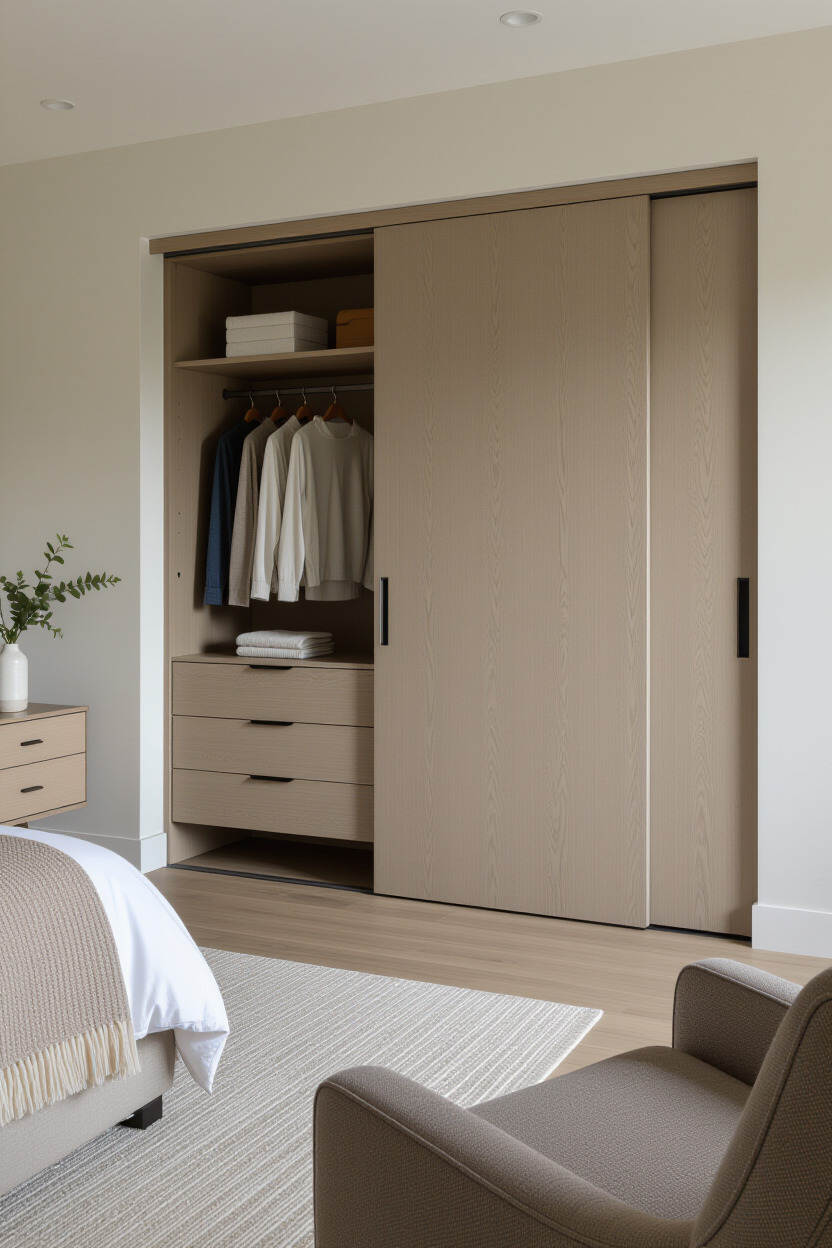 Sliding door wardrobe in an open concept bedroom