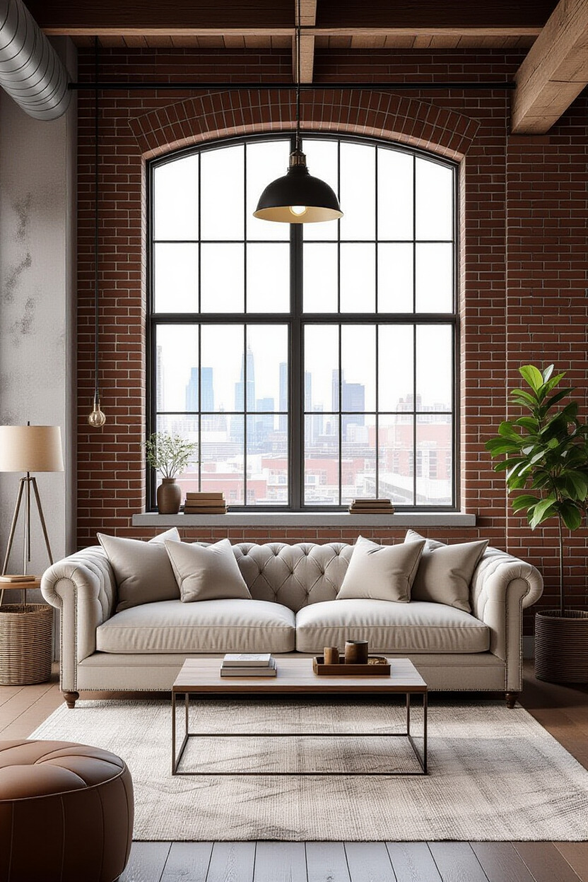 Industrial-style sofa set in a loft apartment.