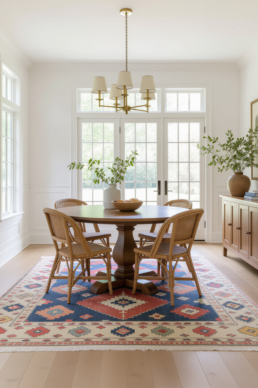 Dining room with layered rugs for added warmth