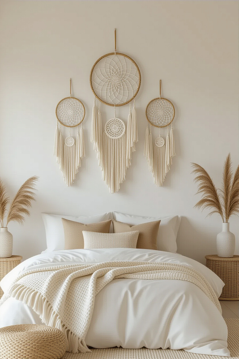 Dreamcatchers hanging in boho bedroom