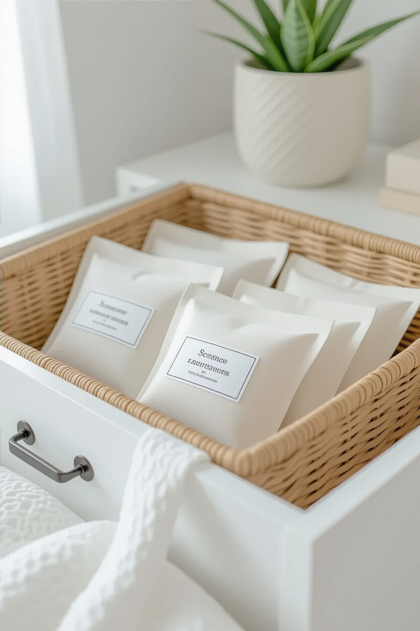 Scented sachets placed in a bedroom drawer
