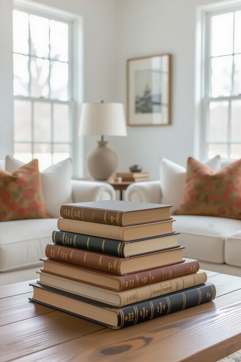 Stack of vintage books on a coffee table