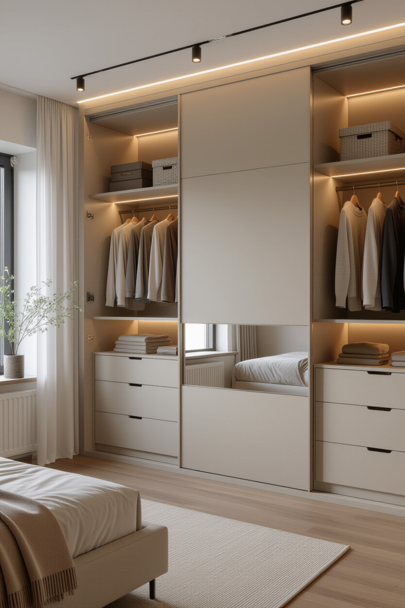Sliding door wardrobe with integrated lighting