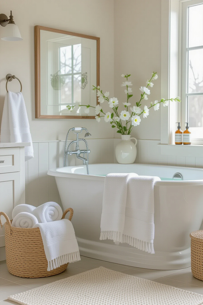 Spring-themed bath accessories in a bathroom
