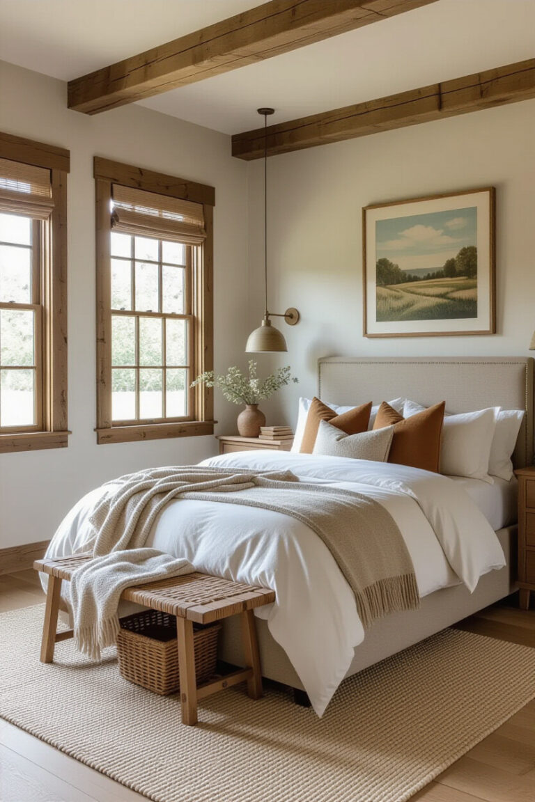 Cozy vintage bedroom with earthy tones and natural decor elements