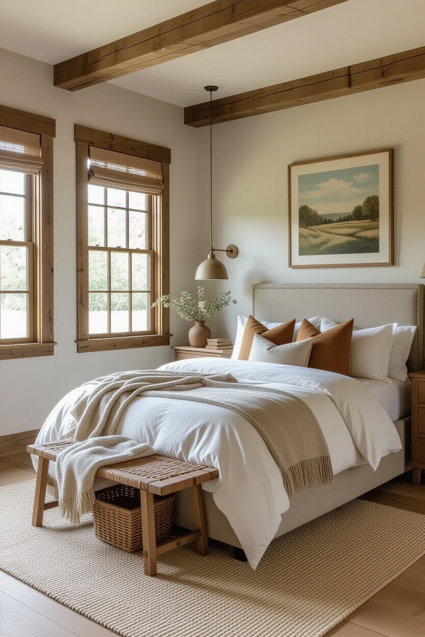 Cozy vintage bedroom with earthy tones and natural decor elements