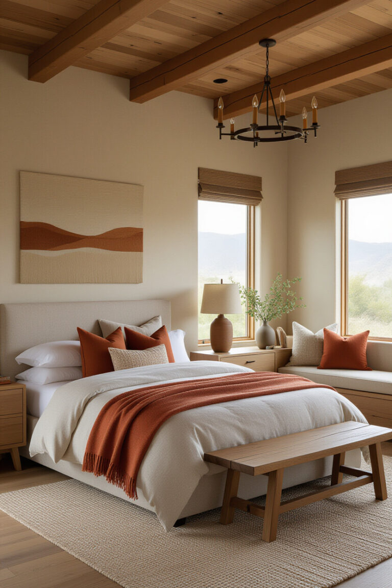 Cozy bedroom with earthy tones and natural decor