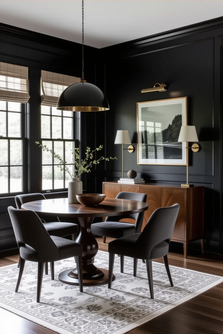 Moody dining room with dark walls and elegant decor