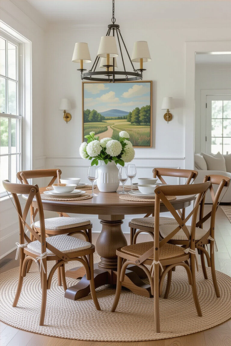 Stylish dining room setup with various chair styles