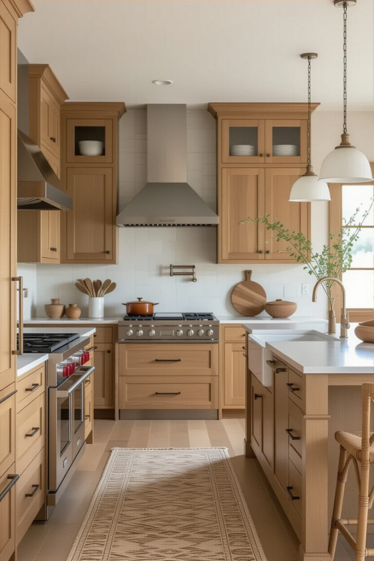 Cozy earthy kitchen with natural wood accents and warm lighting