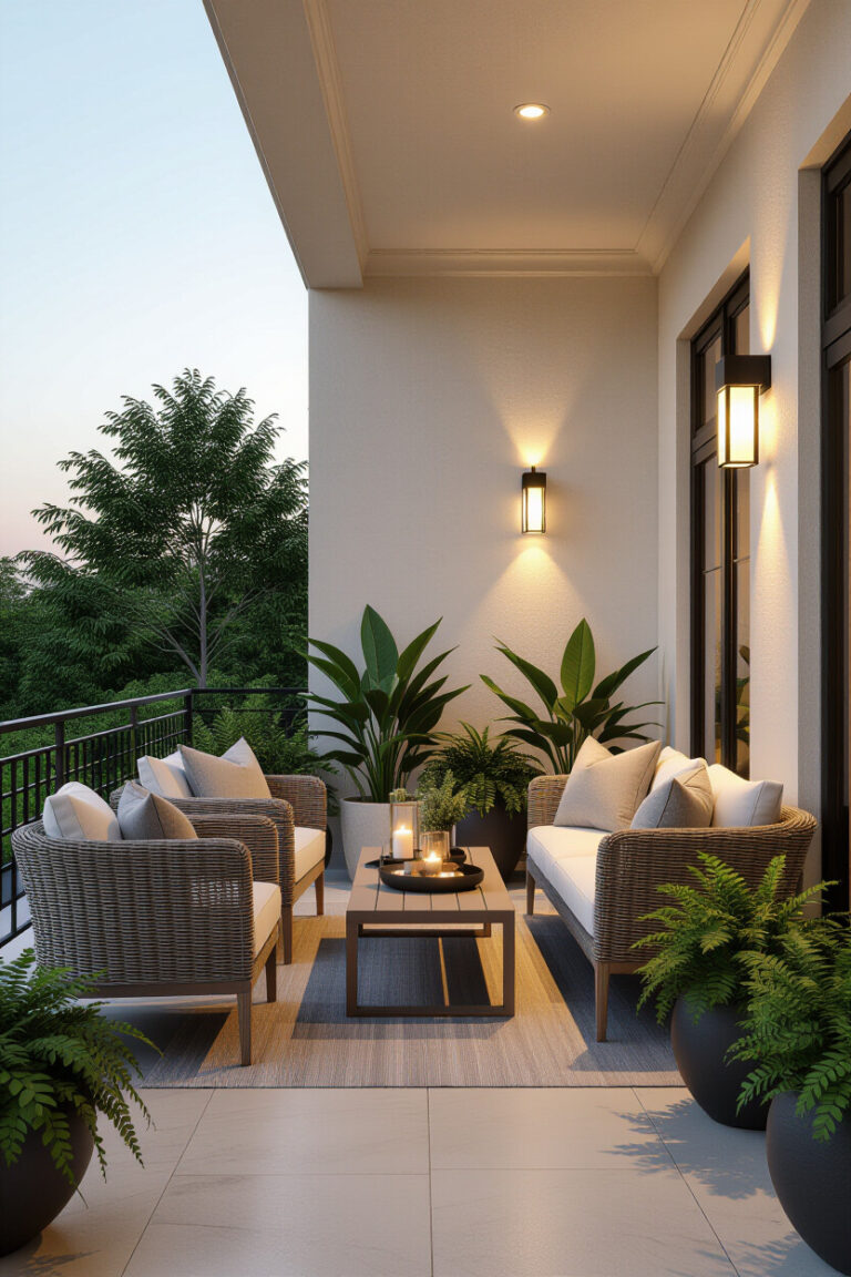 Stylish terrace with furniture and plants
